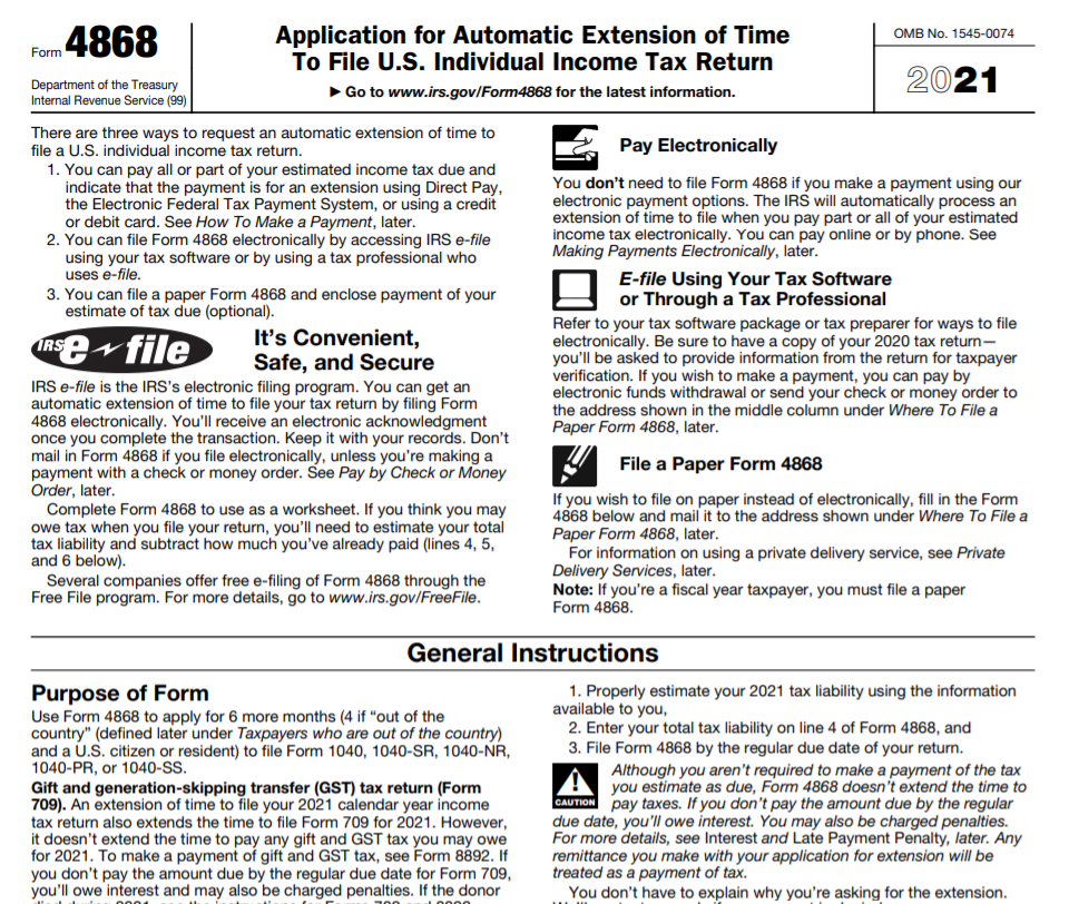 4868 Extension Form 2021 Personal Tax Extension